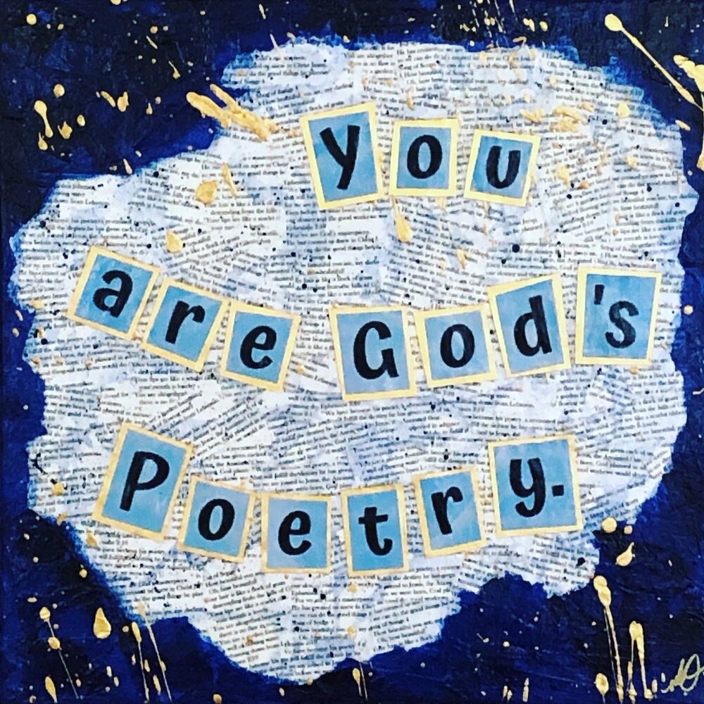 Original Mixed Media Painting on Stretched Canvas 12 in x12in Blue and Gold